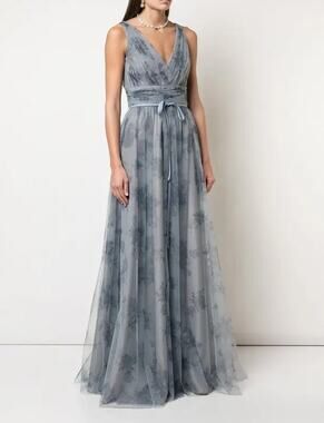 Marchesa Notte Bridesmaid Tulle Floral Gown Gray Purple Blue size 8